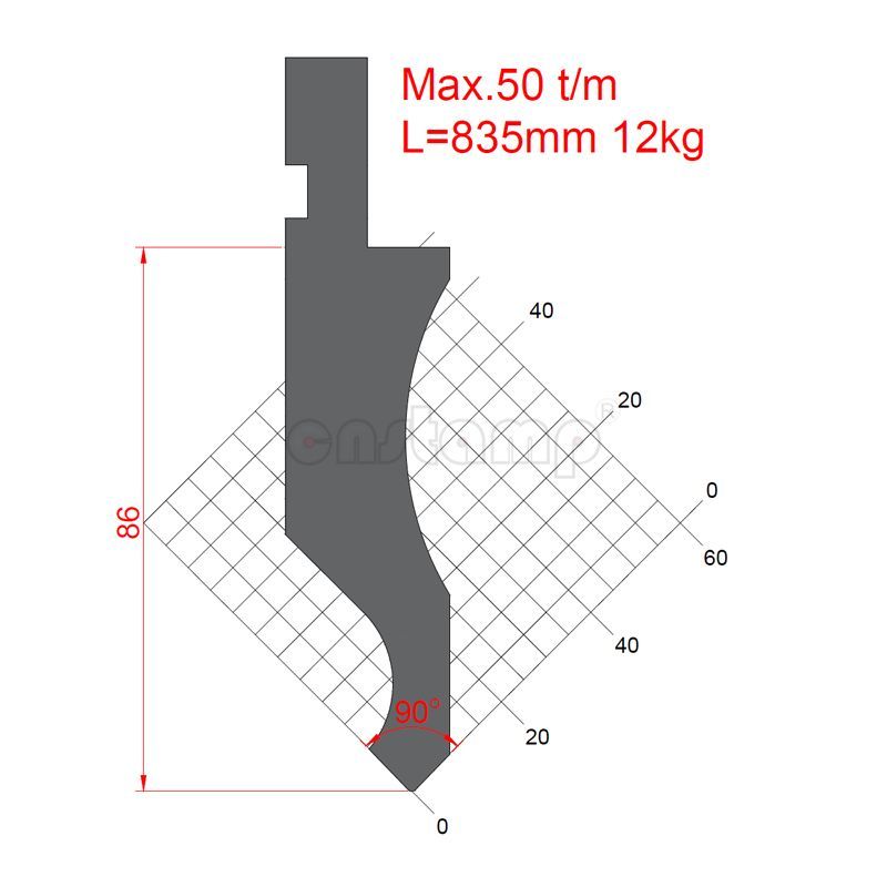 KP9077 90° H86mm model S Press brake punch Max. 50t/m