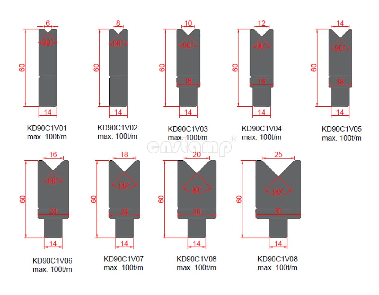 90 degree 1V Amada Style Press Brake Tooling-1V-Dies/Lower Tools